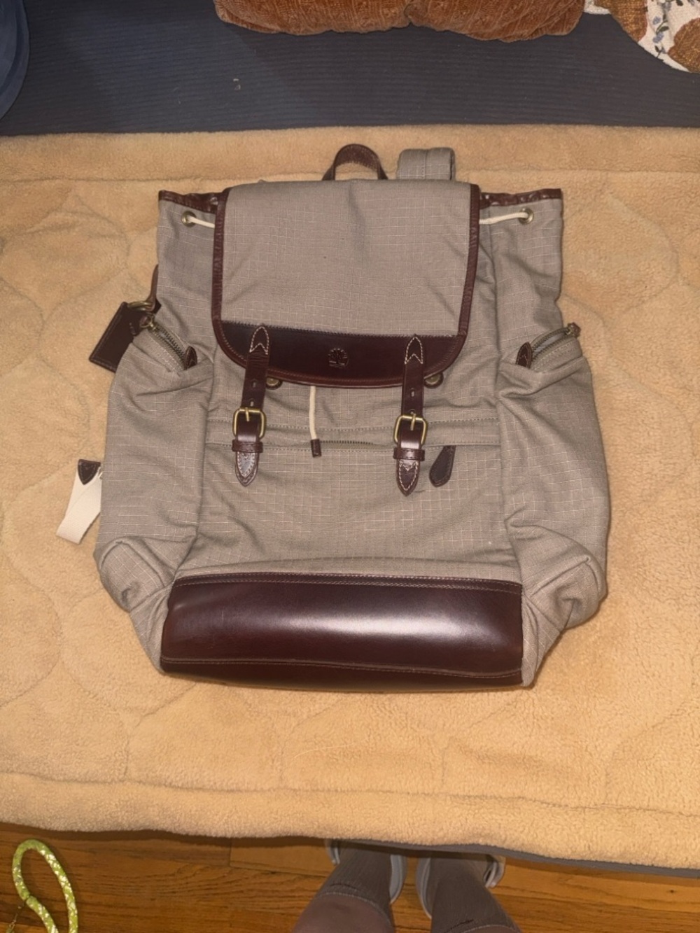 Timberland Grey Canvas Backpack with Brown Leather Accents